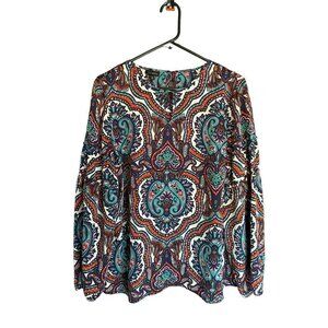 Talbots Multi Colored Paisley, Keyhole Neckline, Balloon Ruffled Flutter Long Sl